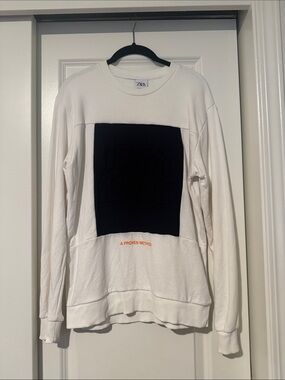 Zara White Crewneck with Black Panel and Orange Text